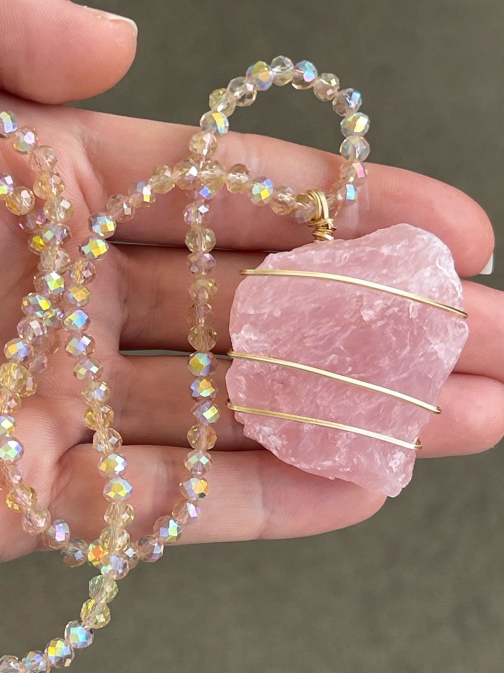 Handmade Raw Rose Quartz Gold Tone Wire Wrapped with Champagne Glass Beads